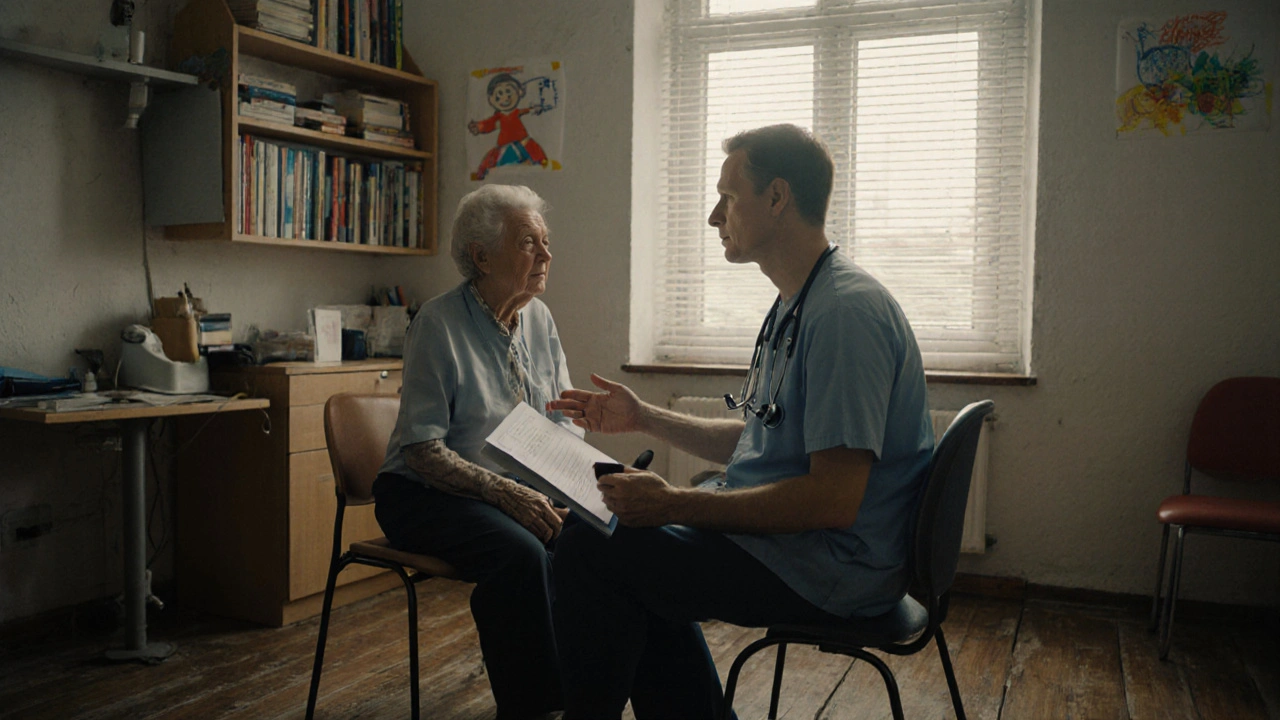 Lékař konzultuje staršího pacienta v ambulanci s teplým světlem a lékařským papírem.