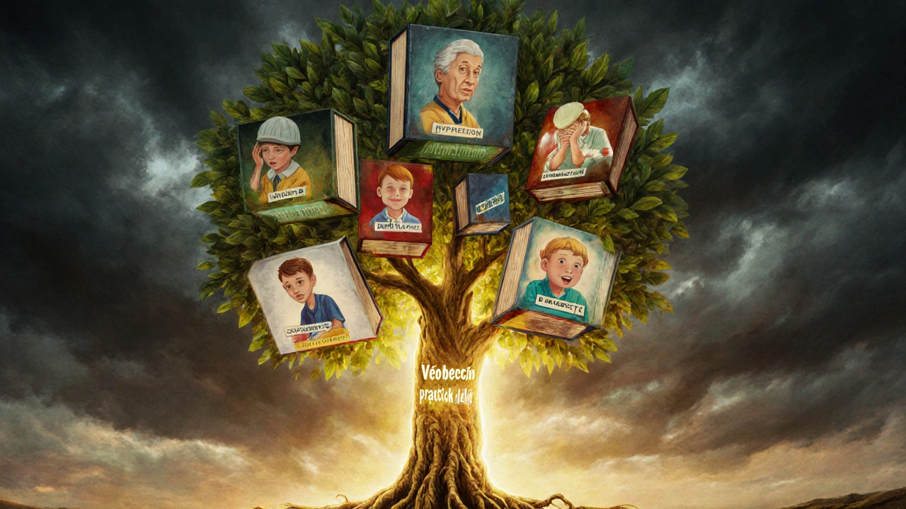 Strom s kořeny z učebnic a větvemi lidí, symbolizující roli všeobecného lékaře.